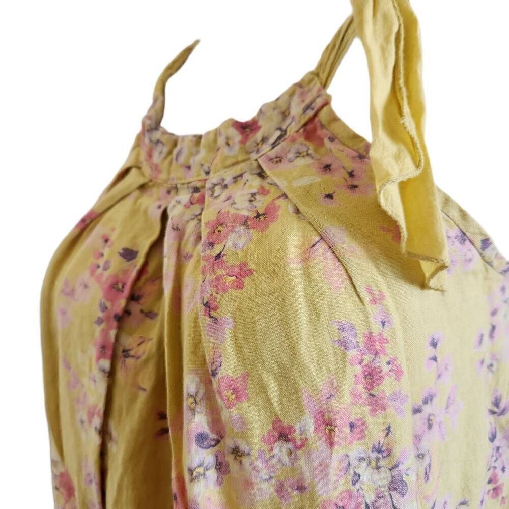 Bellambra mustard floral sleeveless swing halter top dress pure 100% linen